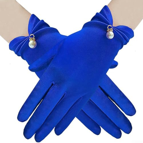 Guanti da donna in raso elasticizzati eleganti da sposa matrimonio opera festa serale costume taglia unica 26 cm (blu scuro taglia uniforme)