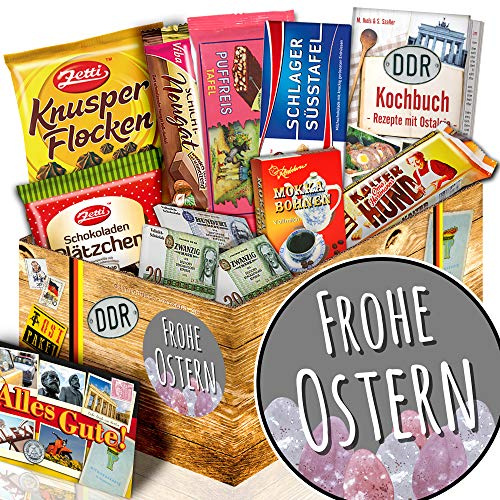 Frohe Ostern - Schokoladen Geschenkset mit DDR Kochbuch & Süßigkeiten | Ostpaket Geschenkbox für Kinder & Erwachsene mit Zetti Knusperflocken, Viba Nougat, Kalter Hund und Ostalgie Süßwaren