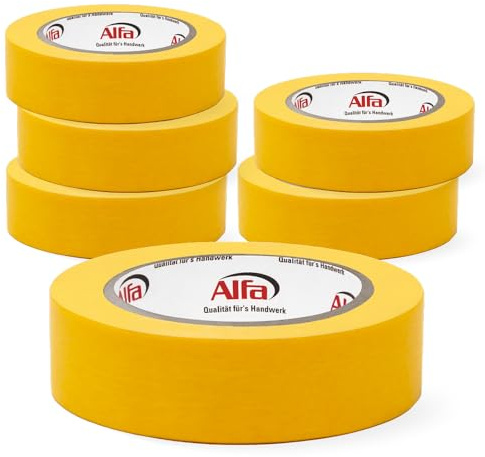 Alfa 6x FineLine GOLD Washi Tape 38 mm x 50 m Profi-Abdeckband (300 m) | Profi-Qualität - Japanisches Reispapierband für Malerarbeiten - UV-beständig und rückstandsfrei – PREMIUM-Klebeband