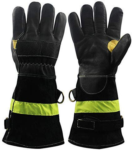 Hitze- und feuerbeständige Lederhandschuhe, wasserdicht, mit reflektierendem Riemen, feuerbeständige schwere Arbeitshandschuhe