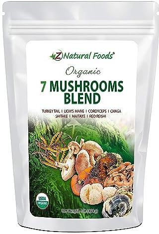 Z Natural Foods Organic 7 Sacred Mushrooms Blend - Lion’s Mane, Cordyceps, Chaga, Red Reishi, Shiitake, Maitake - Organic Mushroom Powder for Coffee, Smoothies, 1 lb