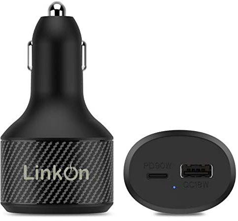LinkOn Cargador de Auto 112W USB-C con Puertos 90W PD3.0 PPS y 18W QC3.0 Compatible con MacBook Samsung S20 Note 10+ Huawei FCP SCP Apple iPhone iPad