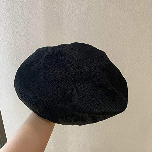 MAOZIM Damen Baskenmütze Frühling und Sommer Atmungsaktiv Dünn Abschnitt Groß Umfang Retro Gestrickt Loose Painter Achteckige Mütze, Schwarz , M (56-58cm)