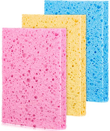Boao 3 Count Cellulose Eponge Absorbante, Tissu éponge de Cuisine, réutilisable, résistant aux odeurs, 3 couleurs