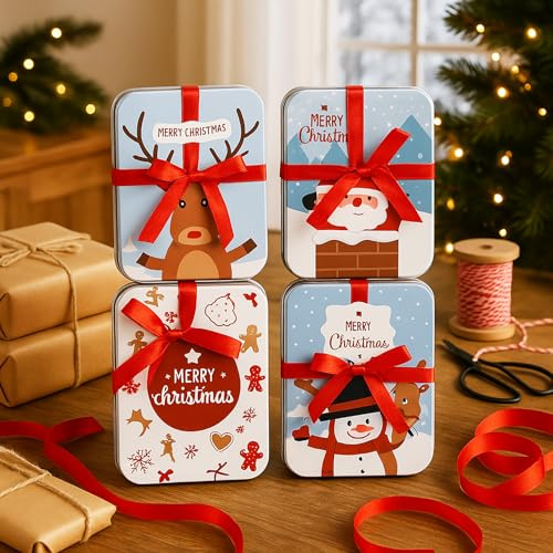 KAMACA 4er Set Geschenkschachtel aus Metall für Geldgeschenke, Gutscheine & kleine Präsente originelle Geschenkverpackung Weihnachtszeit Geld Gutschein Weihnachten (4er Set Metall Geschenkdose)