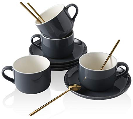 CHILDIKE 8oz Cappuccino Cups Set of 4, Ceramic Coffee Cups and Saucers Set with Spoons, Gray Durable Coffee Cups for Cappuccino Espresso Latte Mocha Au Lait Macchiato Cafe
