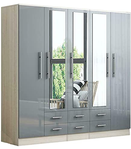 Unique Furnishings High Gloss Grey 5 Door Wardrobe with 6 Drawers & Mirrors, Large Modern Bedroom Storage Cabinet, Spacious Clothes Organiser