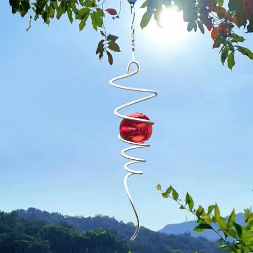 Gazing Ball Spiral Tail Wind Spinner Stabilizer, Garden Decorations Stainless Steel Metal with Hook & Red Crystal Glass Orb Outdoor Hanging Decor Kinetic Yard 3D Swivel Art Sun Catchers