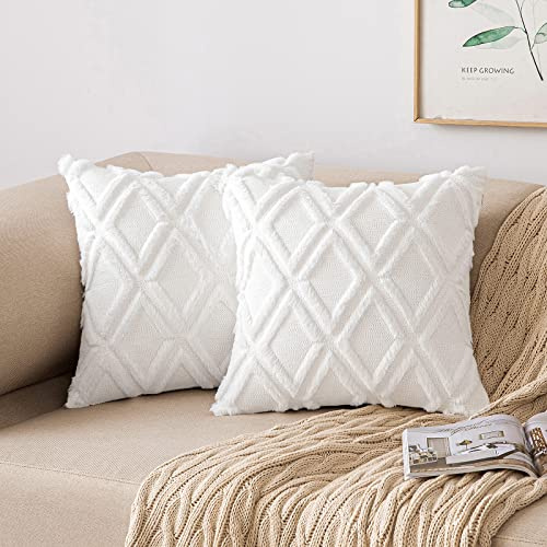 MIULEE 2er Set Kissenbezug 40×40cm Besticktes Quadratmuster Weiß | Polyester Plüsch Weich Kuschelig Pflegeleicht Dekorativ für Sofa Wohnzimmer Schlafzimmer Gästezimmer Balkon und Terrasse