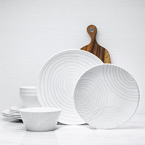 BZYOO BPA-freies, spülmaschinenfestes, 100 % Melamin-Kunststoff-Teller- und Schüssel-Set, legeres Essen, drinnen und draußen, Essen, Party (12-teiliges Geschirr-Set, Service für 4 Personen, weißer