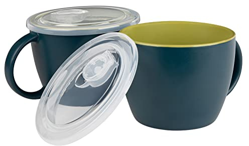KooK Keramik-Suppentassen mit Griff, belüfteter Kunststoffdeckel, perfekt für Haferflocken über Nacht, mikrowellengeeignet, Reisebecher, für Kaffee, Müsli, 750 ml, 2er-Set (Marineblau/Chartreuse)