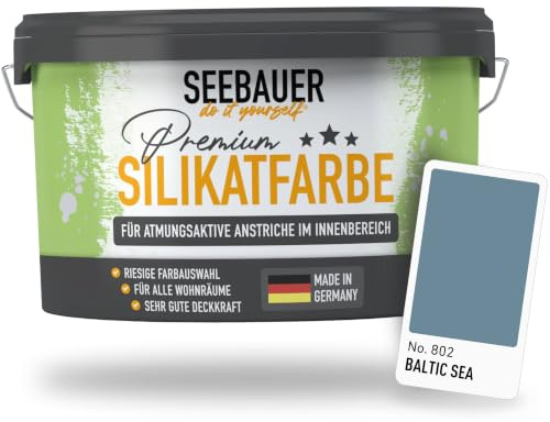 SEEBAUER diy Silikatfarbe Blau 5L für Innen (No. 802 Baltic Sea) Atmungsaktive Mineralfarbe für Allergiker - Abwaschbare Wandfarbe - Blautöne hohe Deckkraft