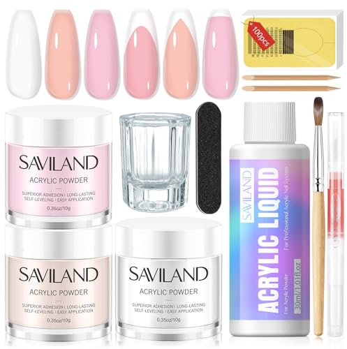 Saviland Acryl Nagelset für Nägel - 3 Farben Acrylpulver und Acryl Liquid Acrylflüssigkeit Set mit Acrylnagelpinsel Nagelhautöl zum Acrylauftragen Professionelles Acrylset mit Allem für DIY Acrylnägel