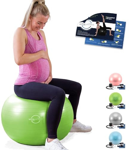 VITALWORXX Gymnastikball für Schwangere, extrem stabil, Sitzball Yogaball Pezziball mit Pumpe, mit Übungen für Schwangerschaft, Geburt, Gesundheit,