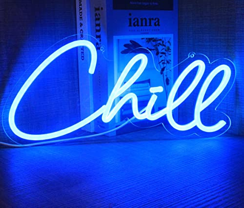 Chill-Neonschilder, Neonlichter für blaue Schlafzimmerdekoration, dekorative Buchstaben für Kinderzimmer, Wand, Gamer-Zimmer, Shop, Bar, Weihnachtsfeier, USB-Stromversorgung (34,9 x 17 cm)