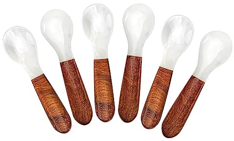 DUEBEL Set mit 6 Kaviarlöffeln mit Holzgriff, 10,2 cm Perlmuttlöffel für Kaviar-Servieren, Eier-Servieren, Catering-Deroration