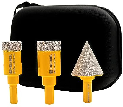 HIGHDRIL Diamant Lochsägen Set - (20mm Bohrer+25mm Bohrer+35mm Anfasung) Diamant Kernbohrer Set für Porzellan, Keramik, Granit, Marmor und harte Materialien (Dreikant-Schaft)