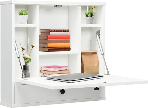 GYMAX Escritorio de Pared, Escritorio Flotante 2 en 1 con Estante Plegable, 6 Compartimentos de Almacenamiento y Cajón, Ahorro de Espacio para Casa, Oficina, Dormitorio (Blanco)