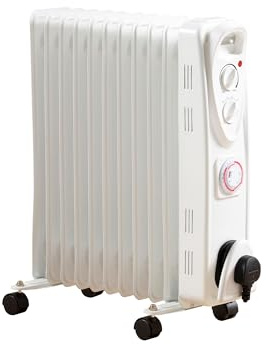 Daewoo Oil Filled Heater, 2500W, 11 Fins, With Timer, Safety Features, Variable Thermostat, 3 Heat Settings, Ideal For Large Sized Rooms, Portable, Cable Storage, White