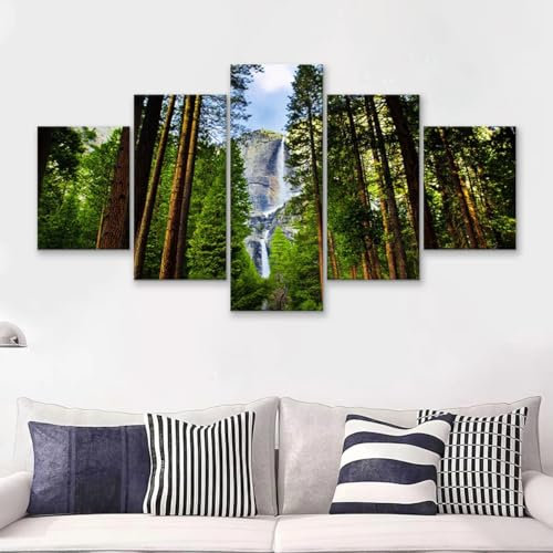 5 Set Leinwand Bilder Moderne Wandbilder Leinwand HD-Druck Gemälde Wasserfälle hinter Mammutbäumen Leinwanddrucke 5 Panel Dekorative Wandbild Wohnzimmer Schlafzimmer Wanddekoration Ungerahmt