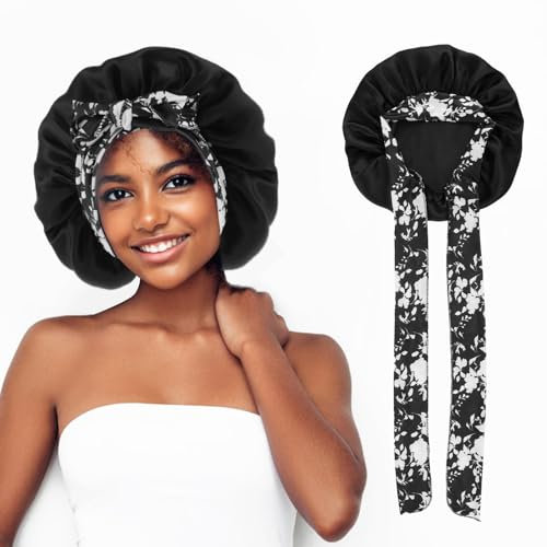 Ouligay Silk Hair Bonnet For Sleeping with Tie Band Women Satin Bonnet for Sleeping Curly Hair，Adjustable Double Layer Hair Cap (Black)