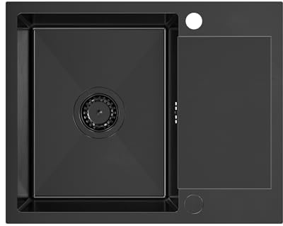 VBChome Fregadero de acero inoxidable, 60 x 48 cm, color negro, acero inoxidable, con dos agujeros, fregadero grande, con escurridor, sifón