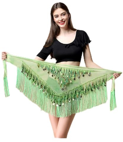 Bauchtanz Hüfttücher Frauen Gürtel Bauchtanz Schal Hip Bauch Tanz Zubehör Pailletten Quaste Dreieck Wrap Kostüm Gürtelschal Chiffon Fransen Schal Damen Bauchtanz Gürtel 32 (Color : Green, Size : One