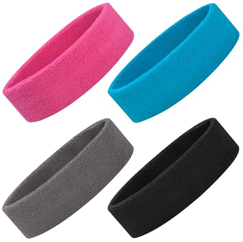 ONUPGO Schweißbänder Set, Sport-Stirnband für Männer Frauen, 4 Pcs Baumwolle Schweiß Stirnbänder, Frottee-Stirnbänder für Tennis, Gymnastik, Working Out (Schwarz/Grau/Rosa/Hellblau)