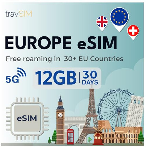 travSIM Europe eSIM| 12 GB Daten mit 4G/5G-Geschwindigkeit | Kostenloses Roaming in Großbritannien, der Schweiz und der EU | Plan auf eSIM für Europa ist 30 Tage lang gültig