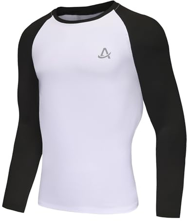 AMZSPORT Maglia a Compressione a Maniche Lunghe per Uomo, Maglie Funzionale Traspirante per Uomo, Maglietta Sportiva Asciugatura Rapida per Fitness, Corsa, Palestra e Jogging Bianco Nero M