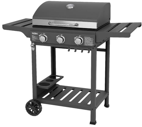 Kekai Barbacoa de Gas Portátil Leech 118,5x57,5x104,5 cm 9 kW con 3 Quemadores, Termómetro, Mesas Laterales, Balda y Ruedas
