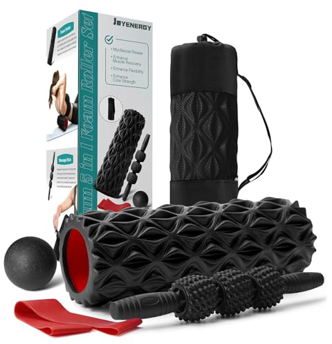 JOYENERGY 5 in 1 Foam Roller Set Trigger Point Foam Roller, Massage Roller Stick, Massage Ball, Stretching Strap for Deep Muscle Massage Pilates Yoga, Fitness Exercise for Whole Body (Black Diamond)