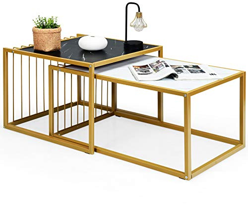 COSTWAY Couchtisch Marmor Optik, Satztische mit Metallgestell, Kaffeetisch, Wohnzimmertisch, Beistelltisch, Sofatisch für Wohnzimmer
