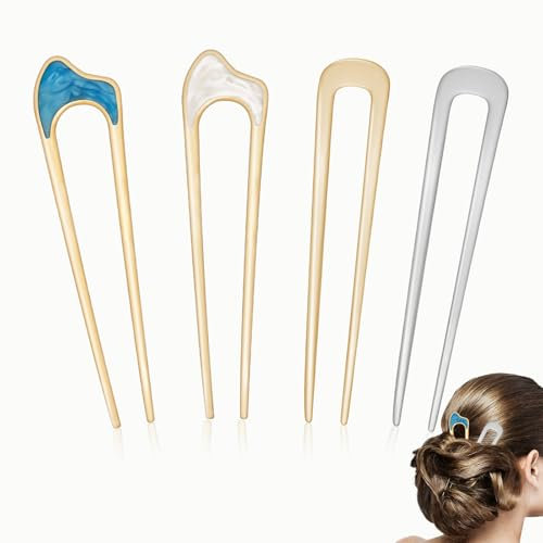 LOYEBOHU 4 Stücke French Hair Pin, U-Förmige Haarnadeln Groß French Pin Dutt 2 Zinken Hochsteckfrisur, Metall Hairpin, Französische Haarspange, Haarstyling Zubehör für Frauen Mädchen