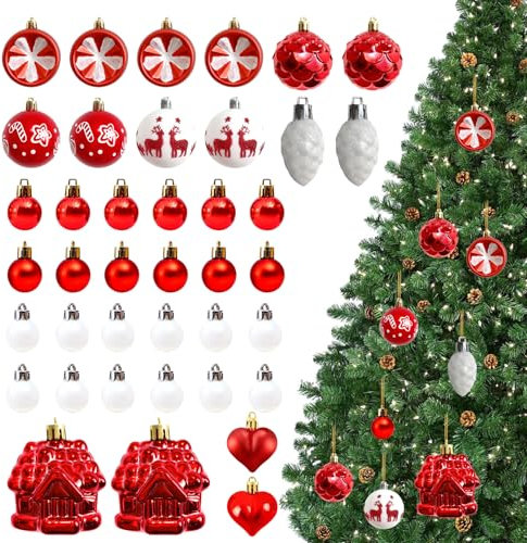 Kocusu 40Pcs Weihnachtskugeln Kunststoff Set Plastik,Weihnachtsbaumkugeln in Verschiedenen Formen, Christbaumkugeln Kunststoff mit Schnur,Weihnachtsbaumschmuck für Baum,Fenster,Garten,Party,Rot&Weiß