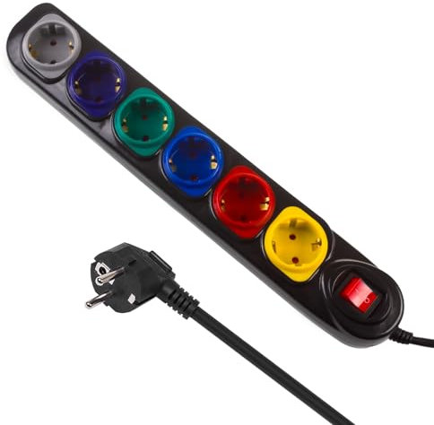 Ciabatta Maclean a 6 vie con interruttore | 1,5 cavo, prolunga | Multipresa multipla | Protezione dei bambini | Montaggio a parete | 2500 W (Nero, Presa multipla a 6 vie)