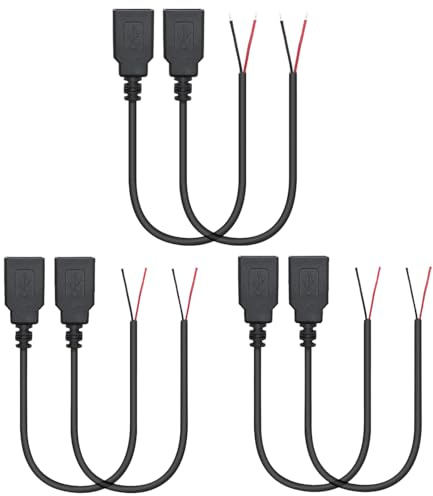 Greluma 6 St USB 2.0 hona 2 stifts bar tråd, 30 cm USB A 12V/3A uttag Pigtail öppen strömkabel