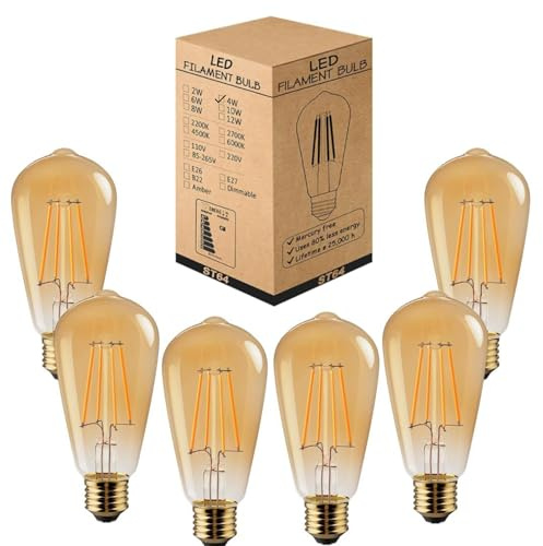 LEDSone Pack 6, Vintage LED E27 Screw Bulb, ST64 4W Edison Light Bulb, Dimmable LED Filament Light,Teardrop Shape Bulb Warm White 2700K Amber Glass, 450 Lumen, 90% Energy Saving Squirrel Cage Lamp