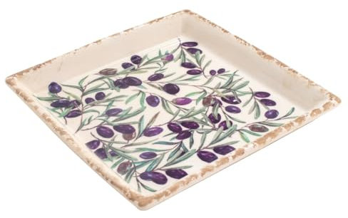 Assiette Plat de service carré en faïence, Effet vieilli et Modèle Olives de Provence, longueur 25 cm