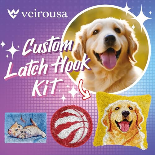 veirousa Custom Pet Photo Latch Hook Kit, Personalized Animals Latch Hook Rug Kits & Pillow Cover Craft Kit for Adults Beginners