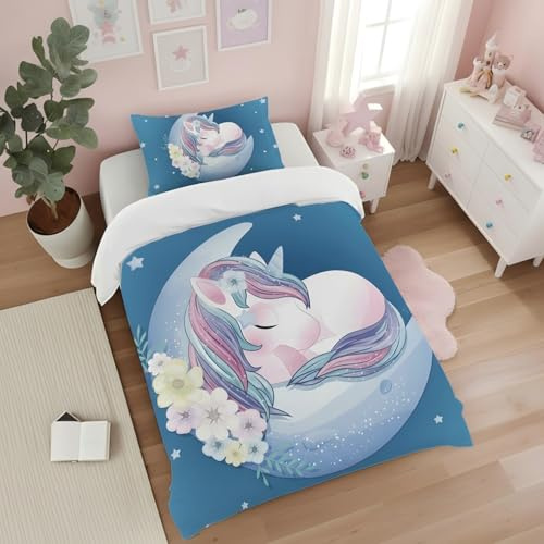 Caregchrisj Kinderbettwäsche 100x135 cm blau Einhorn Muster Mikrofaser 2-teiliges Bettwäsche Kinder Mädchen Bettbezug und Kissenbezug 40x60 mit Reißverschluss