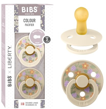BIBS Liberty Dummies | 2 Colour Natural Rubber Latex Soothers | BPA Free Dummy | Round Nipple Pacifier | Designed & Made in Denmark | Strawberries and Cream Ivory Mix | Size 2 | 6+ Months