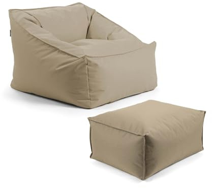 mokebo Gartensessel mit Pouf 'Der Sunnyboy' Made in Germany, Outdoor Sitzsack mit Hocker, Bean Bag mit Füllung, als Liegekissen, Gartenliege, Relaxliege, Bodenkissen oder Liege in Khaki