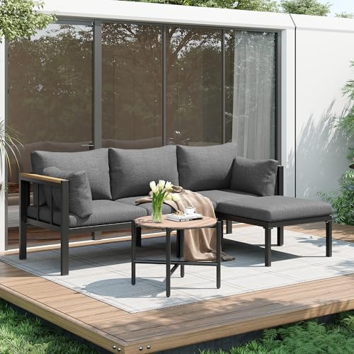 Jtyca Garten Loungemöbel Set, Balkon Möbel, Terassenmöbel Außen mit Sofa, Couchtisch, Fußhocker, Verzinktes Stahlrohr, Glastischplatte, Ecksofa, Geeignet für Gärten, Balkon, Patio, Terrassen, Grau