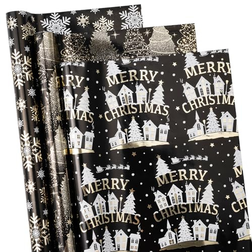 RUSPEPA Set Di Carta Da Regalo Natalizia Nera E Oro, Carta Da Regalo Natalizia In Lamina D'Oro Con Albero, Fiocco Di Neve E Design Di Chiesa Per Decorazioni Natalizie Di Lusso, 43,2 Cm X 3 M Ciascuno