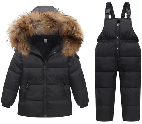 JiAmy Tuta da neve per bambini, 2 pezzi, invernale, con cappuccio, piumino e pantaloni da neve, tuta da sci per ragazzo, ultraleggero, Nero, 130/6-7 Years
