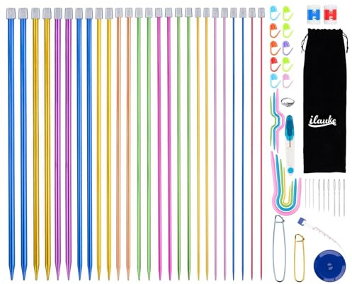 ilauke 60Pcs Knitting Needles Set, 13 Pairs Stainless Interchangeable Wool Needles for Sewing up Knitting 2mm-10mm, with Locking Stitch Makers, Measure Tape and Knitting Accessories