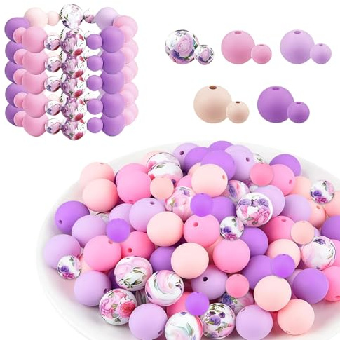 LUMOOM Lot de 100 perles en silicone multicolores de 9 mm et 15 mm, perles à enfiler avec trou, pour bracelets, stylos, porte-clés, colliers (rose violet)