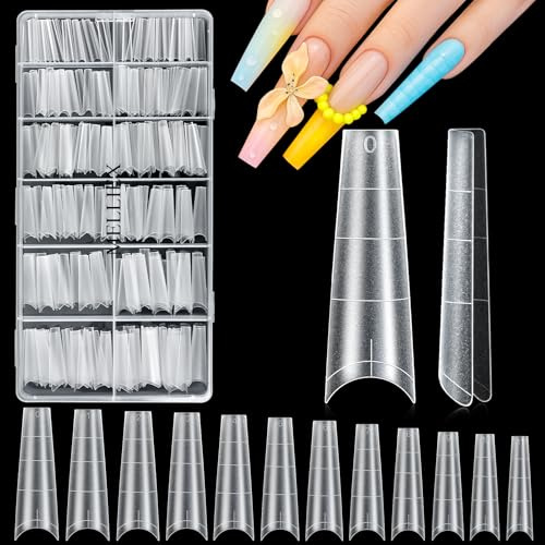 MELLIEX 300 Stück Lange Ballerina Nägel Tips mit Hilfslinien Matt Klare Künstliche Nägel Quadratische Nagel Tips für Gelnägel Halbe Abdeckung Nagelspitzen Set, 12 Größen