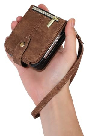 UEEBAI Fodral för Samsung Galaxy Z Flip 7 5G, 3 kortplatser retro läder plånbok stötsäker flip plånbok fodral med handledsrem stativfunktion dragkedja mobiltelefonfodral magnetisk stängning, retro
